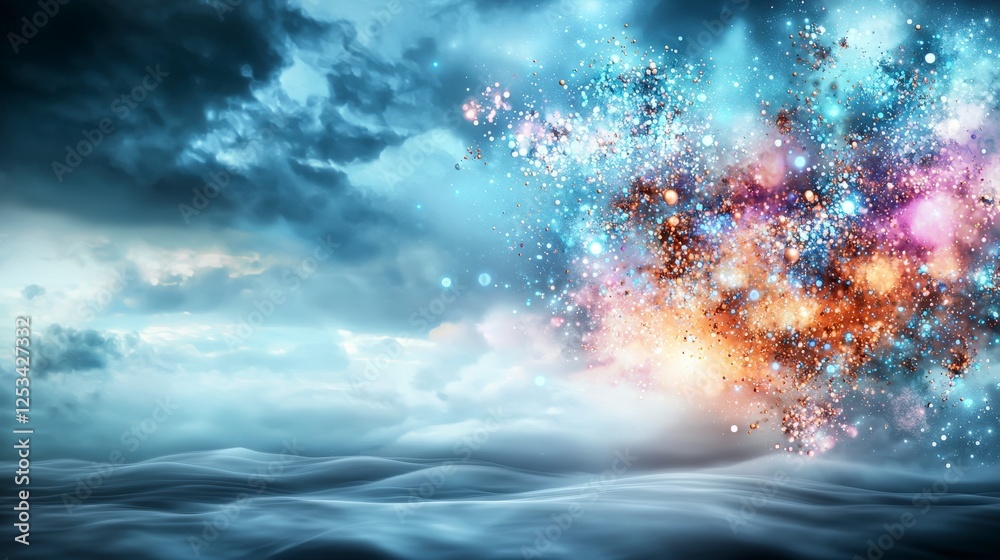 Aufkleber glowing light particles in an abstract sky scene over ocean waves digital art ethereal environment s