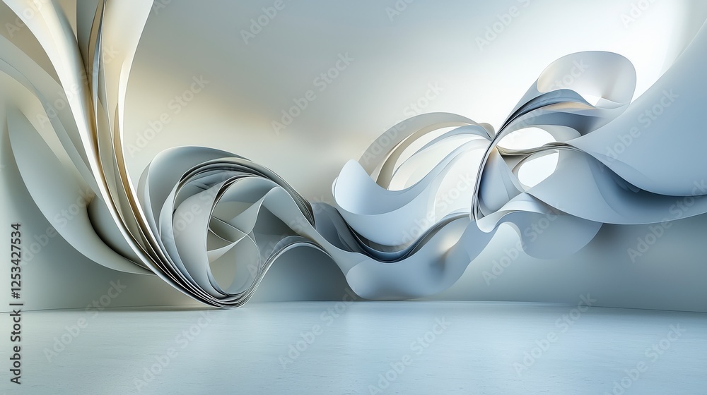 Poster Dynamic twists of distorted shadows in abstract display modern gallery 3d art minimalist space artistic perspective