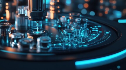 High tech laboratory equipment operating with precision. Showcasing futuristic design and advanced technology. Illuminated interface and intricate details highlight cutting edge scientific innovation