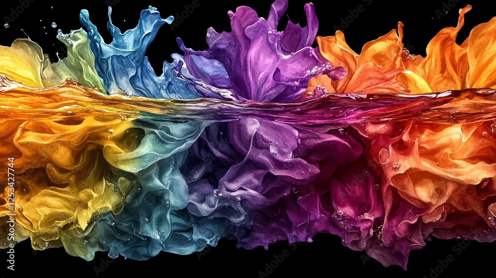 Poster flowing colors resembling watercolor mixing in water vibrant abstract art studio close-up colorful e