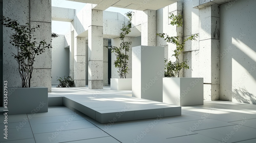 Poster Geometric shadows overlapping simple shapes in minimalist architecture modern gallery interior design natural light
