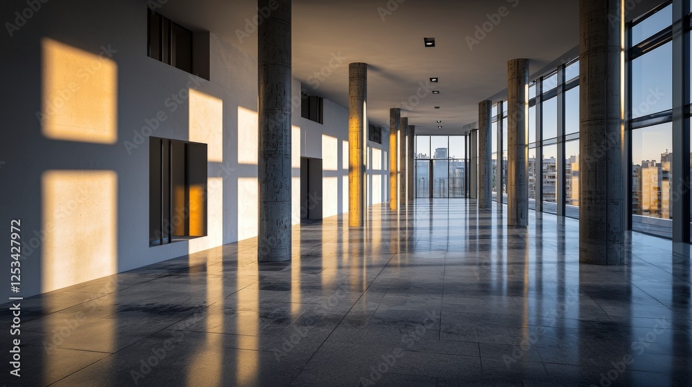 Poster Dynamic geometric shadows in modern architecture urban space photography minimalist design wide angle visual harmony