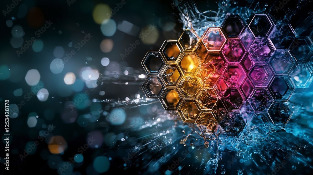 Poster Dynamic hexagonal light and shadow play abstract art digital artwork colorful background close-up perspective visual depth