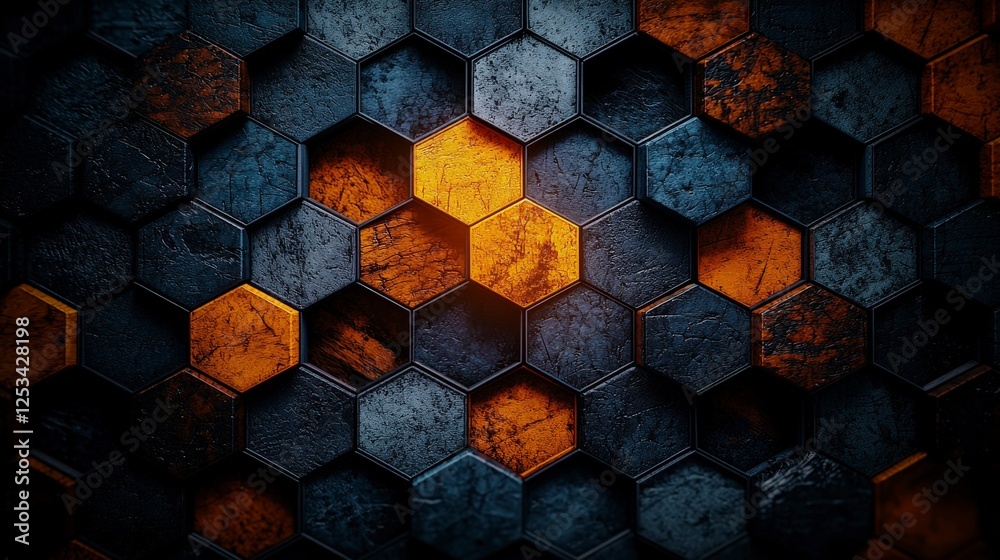 Poster illuminated hexagonal shapes in dynamic angles abstract setting digital art modern environment artis