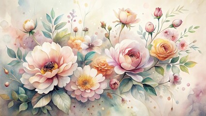 Obraz premium A Delicate Watercolor Painting of a Bountiful Floral Arrangement Featuring Roses, Peonies, and Other Blooms in Pastel Hues on a Soft, Textured Background