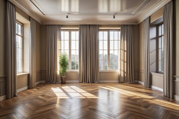 Fototapeta premium Sunlit Empty Room with Hardwood Floors and Elegant Drapes
