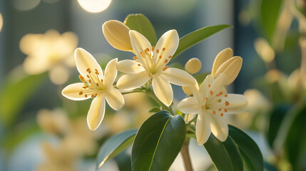 A close-up shot showcases delicate citrus blossoms, emphasizing their star-like shape and light color. These flowers belong to the "Plants and Flowers" category and are illustrative editorial content.