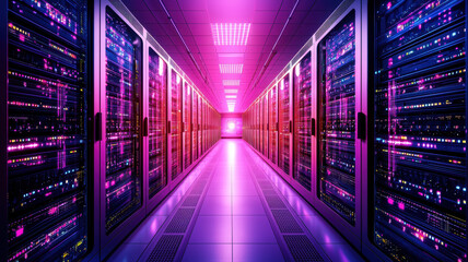 Obraz premium vibrant data center with retro futuristic design and glowing lights