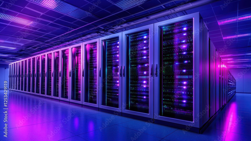 Poster modern data center with illuminated server racks in vibrant setting