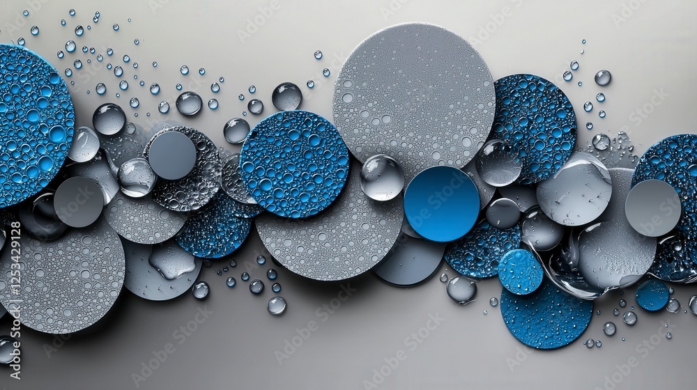 Poster raindrop-inspired overlapping circles artwork abstract gray-blue composition modern design artistic 