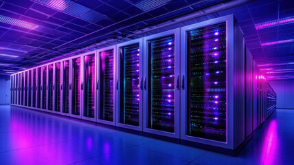 modern data center with illuminated server racks in vibrant setting