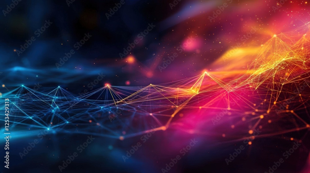 Poster abstract digital landscape with interconnected lines and vibrant colors creating a dynamic visual ex