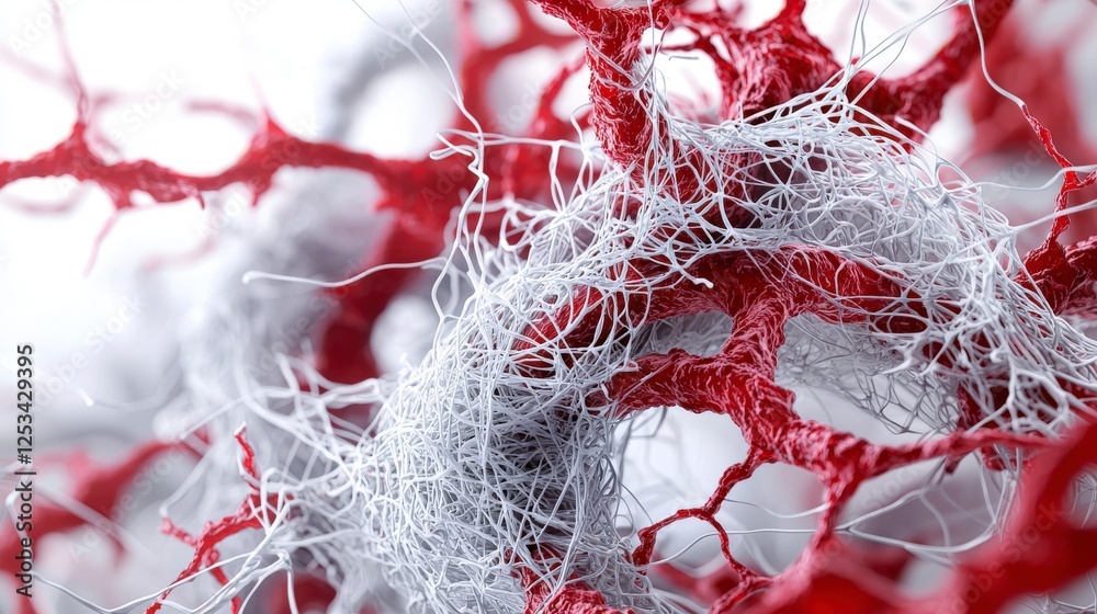 Poster Intricate red and grey fibers intertwined abstract art digital creation modern aesthetic macro view visual complexity