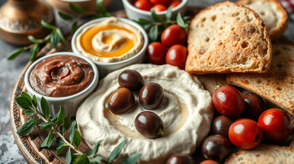 A beautifully arranged Arabic mezze platter with hummus, olives, and bread