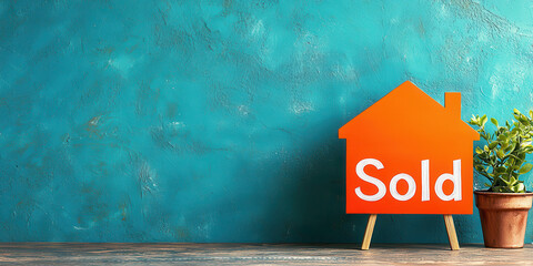 Orange house model with Sold sign and plant on wooden surface