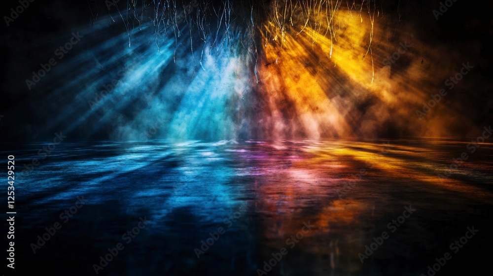 Poster Dynamic light show colorful shadows shifting on water abstract art studio setting captivating visuals