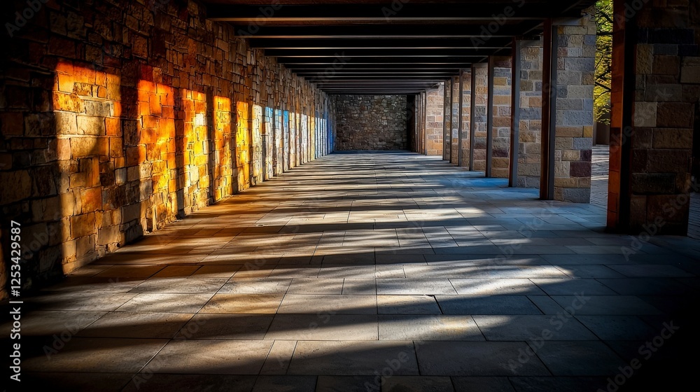 Poster shadows shifting and changing colors in an architectural corridor outdoor setting photography artist