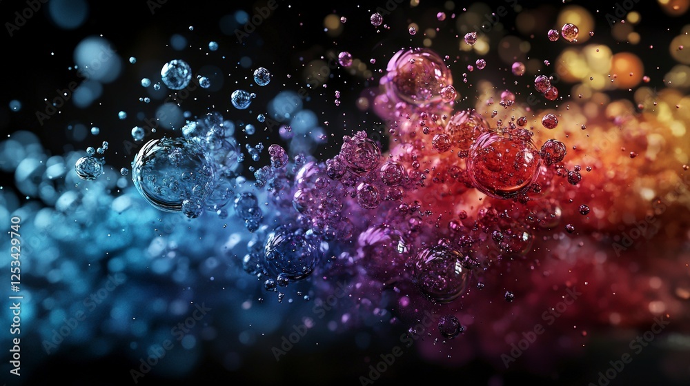Poster Dynamic colorful droplets evolving in a dark environment digital art abstract viewpoint for visual impact