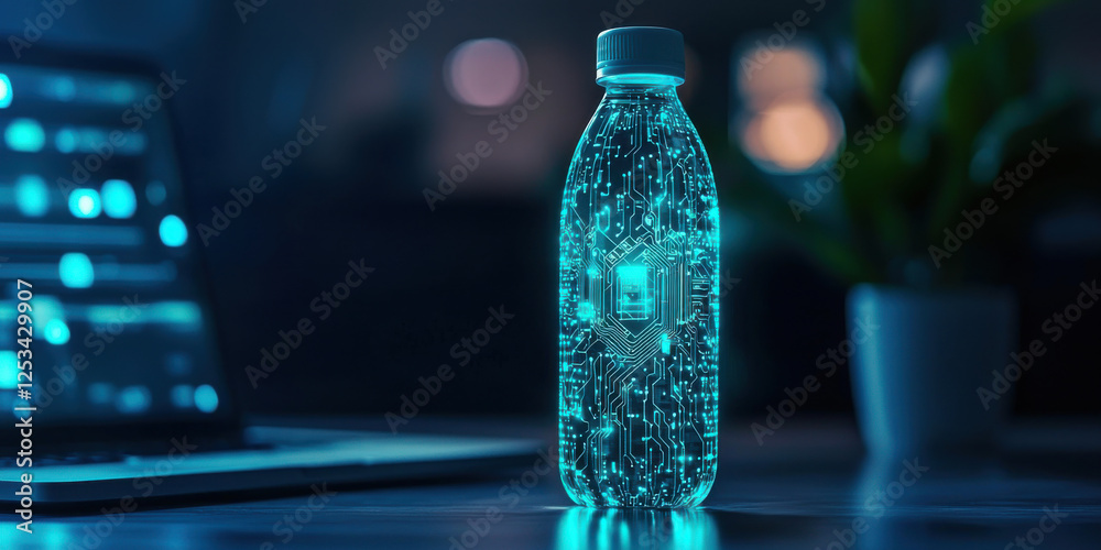 Poster glowing water bottle with digital circuit patterns in tech setting