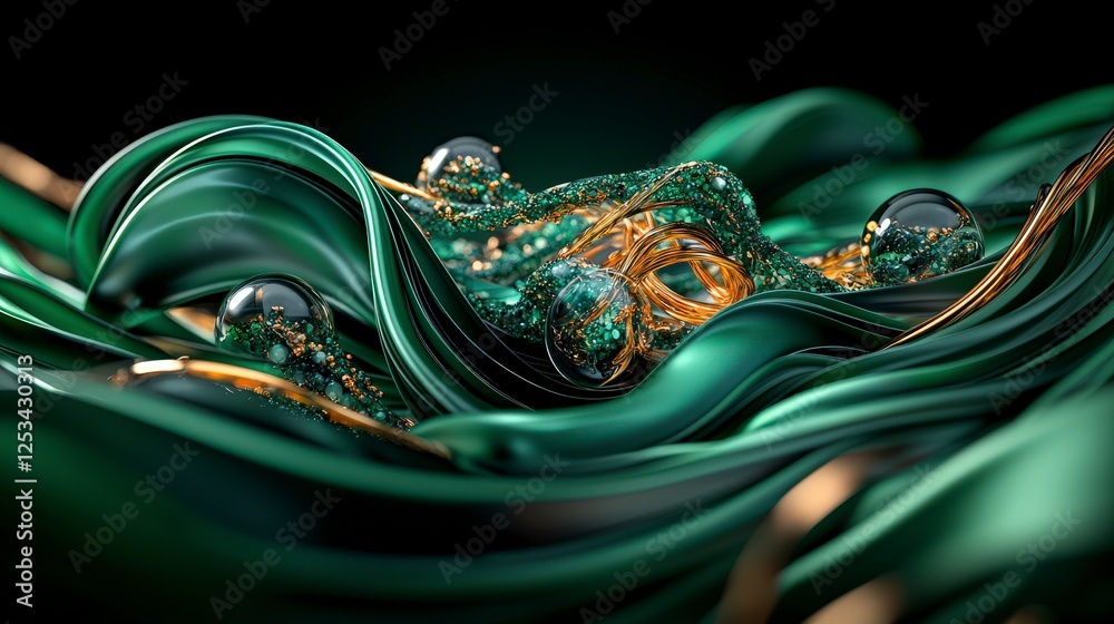 Poster twisted overlapping rings in green and gold abstract art digital creation cinematic perspective mode