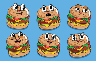 Set of hand drawn cute cartoon burger character illustration