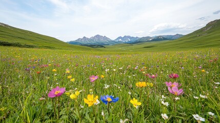 Fototapeta premium Vibrant wildflowers bloom in a vast green alpine meadow with rugged mountain peaks in the background under a bright summer sky.