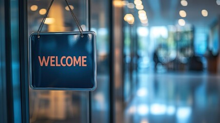 A 'Welcome' sign hanging on an office door, greeting a new employee on their first day, symbolizing fresh beginnings, opportunities, and a bright future in a professional environment.