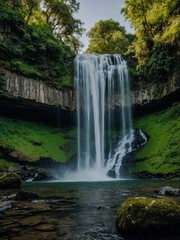 Obraz premium Waterfall surrounded by greenery.