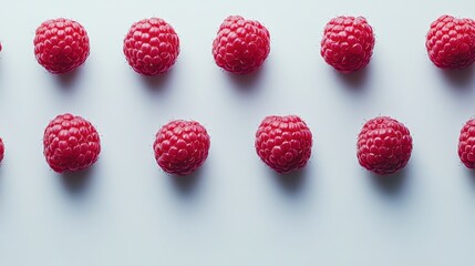 Fresh raspberries placed neatly in a row on a white background, highlighting their juicy, plump texture in ultra HD.