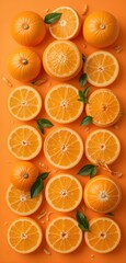 Tiled layout of whole and sliced oranges, playfully arranged on a bright orange backdrop, isolated with precise studio lighting
