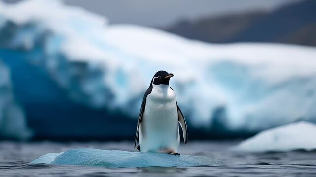 Antarctic penguin balancing on iceberg amidst icy ocean journey
