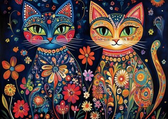 Naklejka premium 2 Colorful cats patterned with floral design
