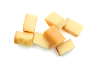 Cubes of cheddar cheese isolated on white