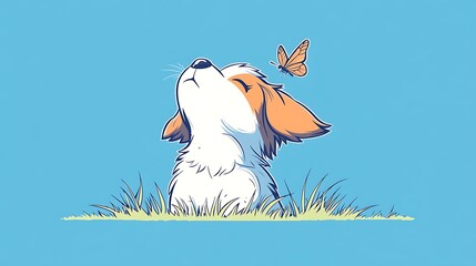 A serene puppy enjoying a butterfly's presence in a sunny meadow with vibrant blue sky