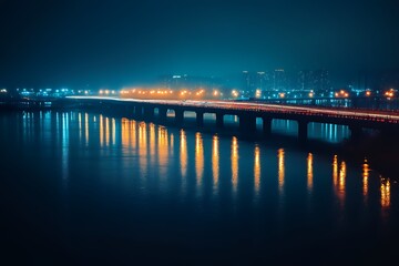 Fototapeta premium Night City Bridge Lights Reflecting on Water