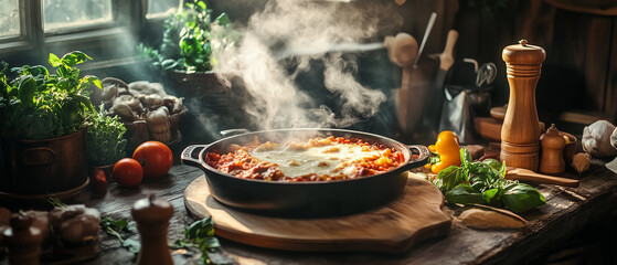 Rustic kitchen scene with a steaming lasagna dish, surrounded by fresh ingredients