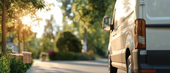 Obraz premium Delivery van on sunny street. Packages nearby