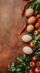 Fresh ingredients with eggs tomatoes chili peppers on rustic brown background organic cooking concept