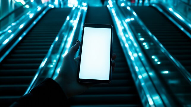 Person holding smartphone on escalator at night