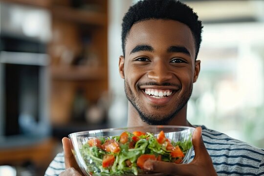 A young African man holding a bowl of healthy salad and smiling cheerfully - Powered by Adobe