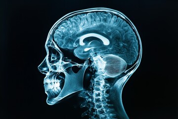 X-ray view of human head, brain, skull, and spine, medical imaging