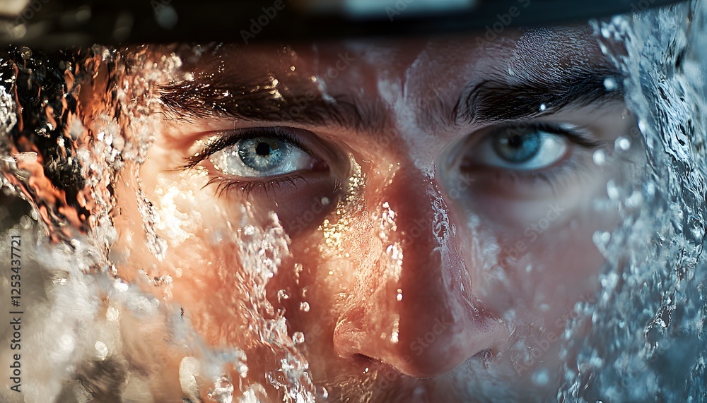Poster intense close-up of man's face with water splashing effect