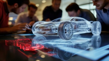 Obraz premium Engineers gather around a digital interface, analyzing a 3d holographic model of a futuristic car. The scene highlights innovation in automotive design and advanced technology collaboration