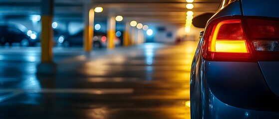 Airport Car Rental Glowing Taillight Contrasting Soft Ambient Lighting in Dimly Lit Parking Space
