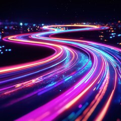 Glowing road curves through city at night; futuristic tech design