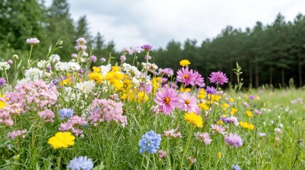 Fototapeta premium Colorful wildflowers meadow, lush summer landscape, nature scene, ideal for greeting cards or wallpapers
