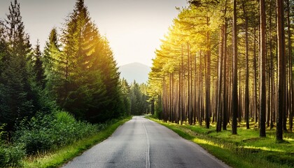 road through a beautiful green pine forest in the sun