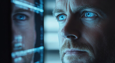 Focused man with striking blue eyes gazes at a glowing screen, analyzing data in a contemporary workspace as the evening light filters through