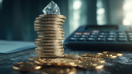 Diamond on coins, calculator, office