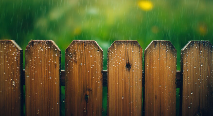 Fototapeta premium Raindrops cling to a wooden fence, showcasing the beauty of nature during a calm rain shower against vibrant green grass